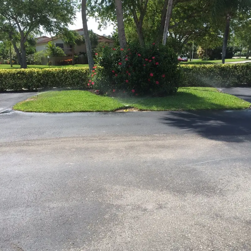 Two rotor heads watering a planted median beside a residential driveway, hibiscus in bloom behind