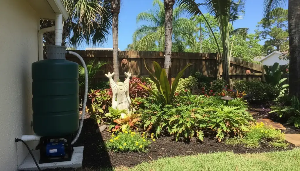 A rainwater harvesting cistern against a house wall beside a downspout, pump on the pad below