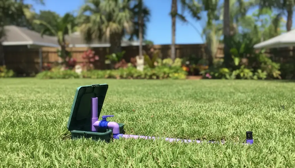 A reclaimed water valve box opened at the edge of a lawn, purple riser and shutoff inside